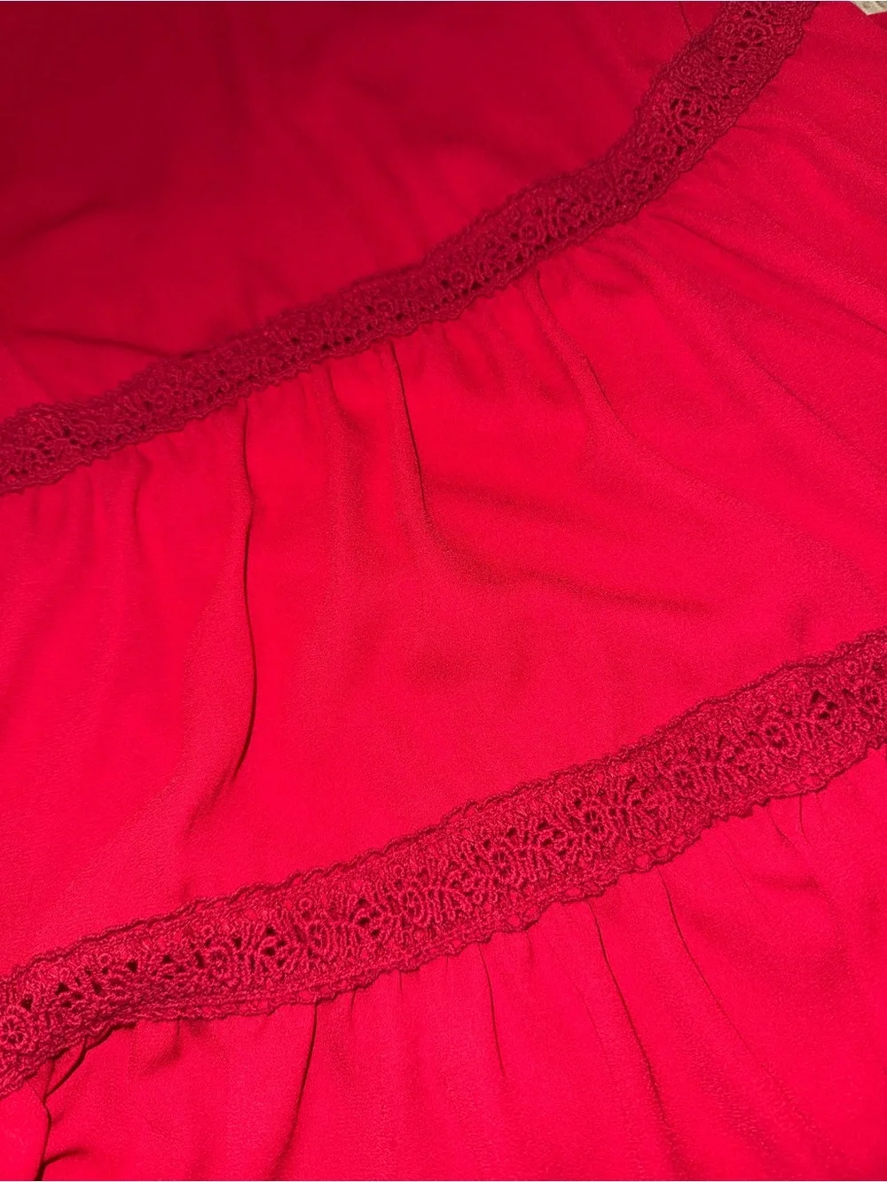GB Girls Bright Red Tiered Dress with Lace Trim